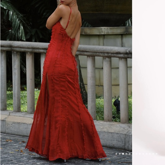 NWT Meshki Jacinta Chiffon Maxi Dress Ruffle Vermillion Red - Picture 4 of 6